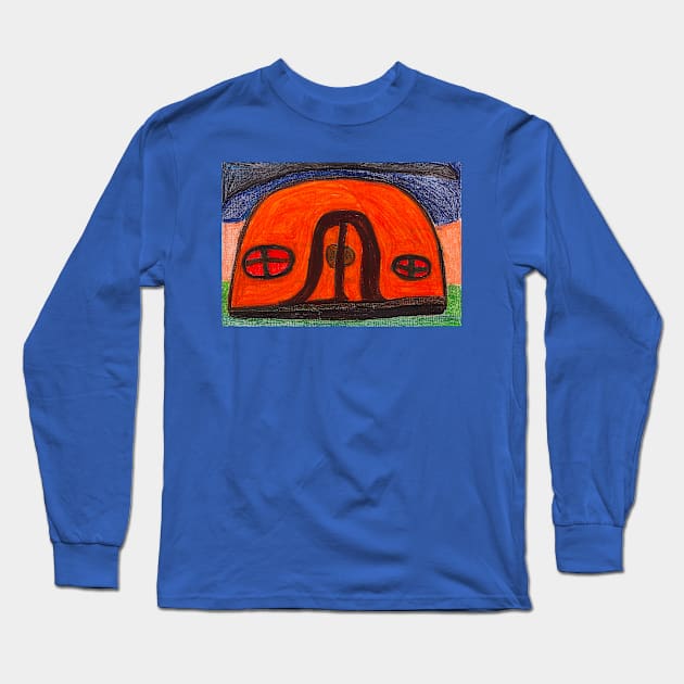 Colourful Orange Igloo on Grass with Cream and Blue Background Long Sleeve T-Shirt by PodmenikArt